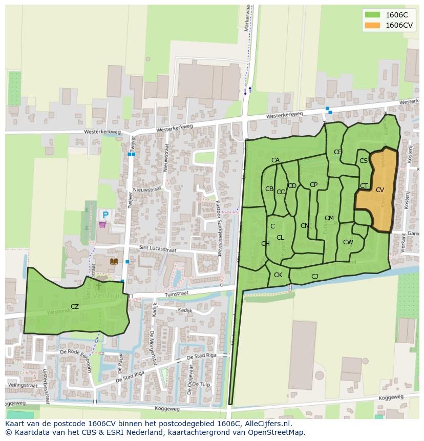 Afbeelding van het postcodegebied 1606 CV op de kaart.