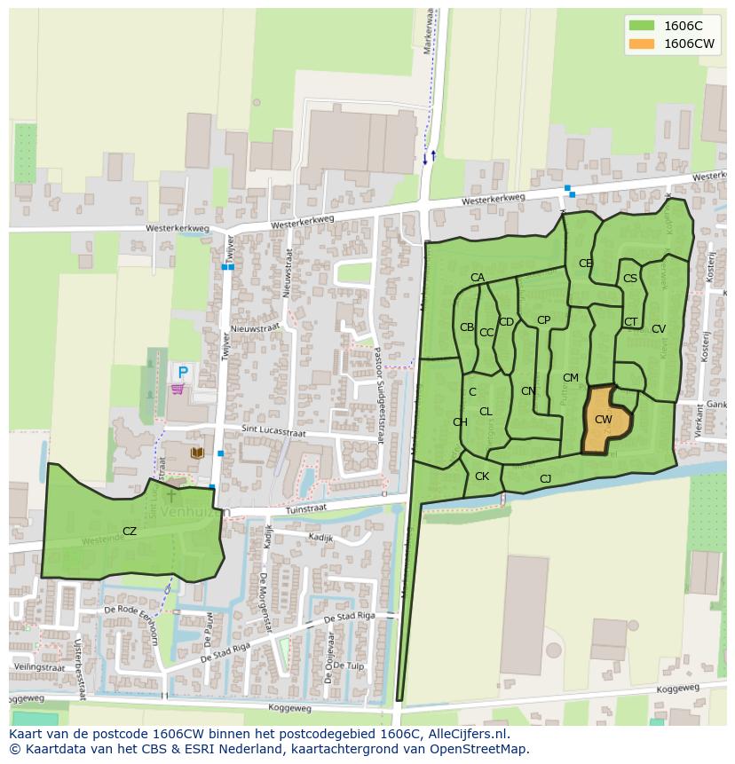 Afbeelding van het postcodegebied 1606 CW op de kaart.
