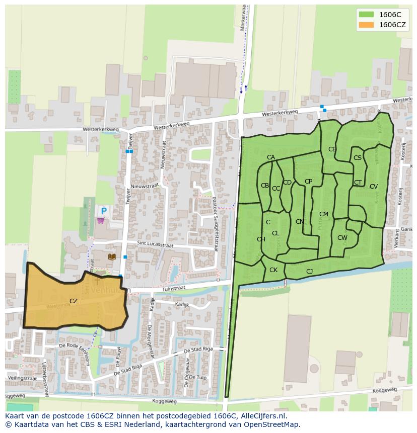 Afbeelding van het postcodegebied 1606 CZ op de kaart.