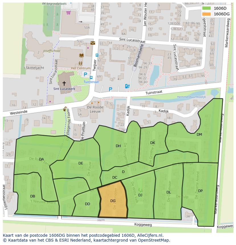 Afbeelding van het postcodegebied 1606 DG op de kaart.