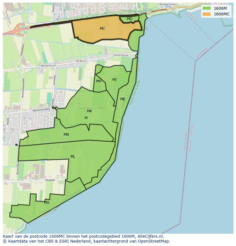 Afbeelding van het postcodegebied 1606 MC op de kaart.