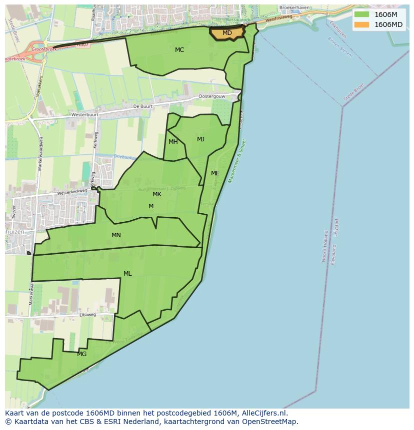 Afbeelding van het postcodegebied 1606 MD op de kaart.