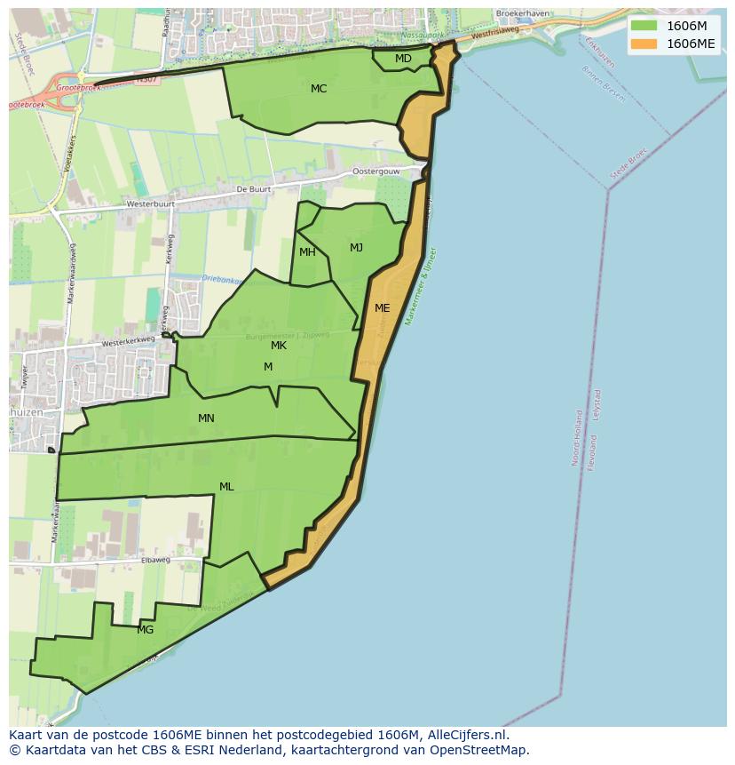 Afbeelding van het postcodegebied 1606 ME op de kaart.