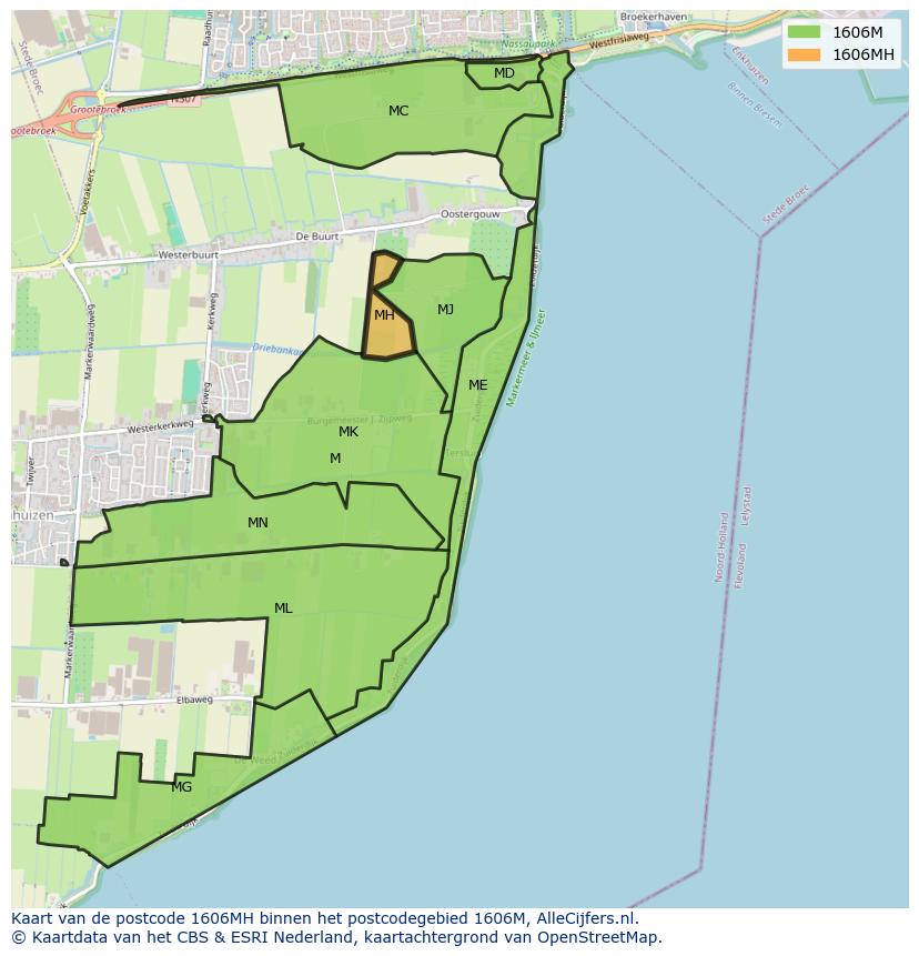 Afbeelding van het postcodegebied 1606 MH op de kaart.