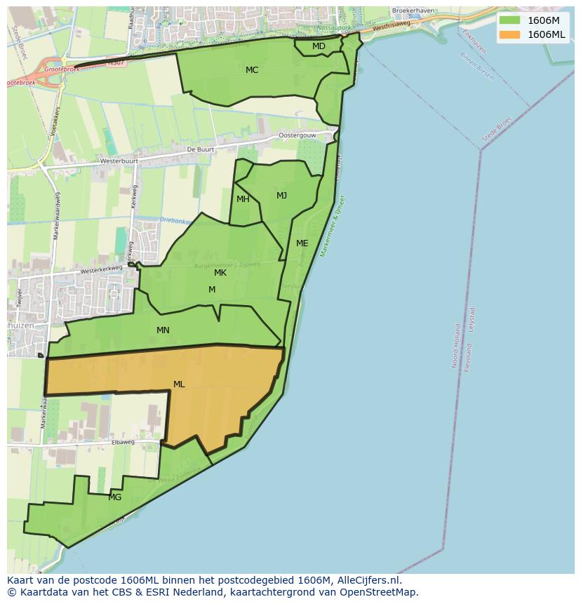 Afbeelding van het postcodegebied 1606 ML op de kaart.
