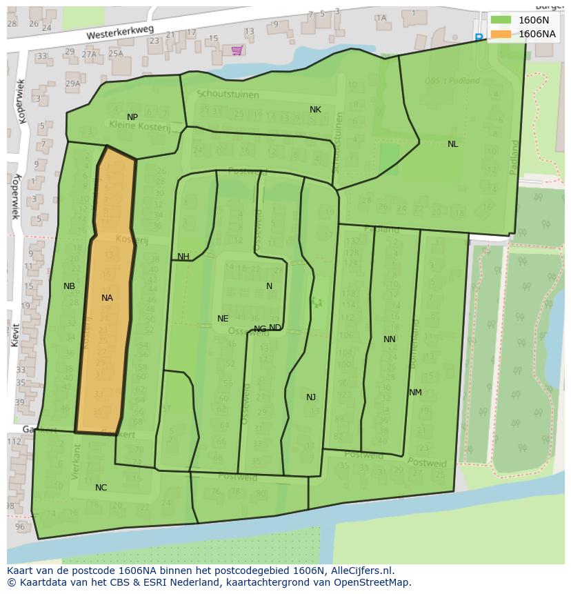 Afbeelding van het postcodegebied 1606 NA op de kaart.