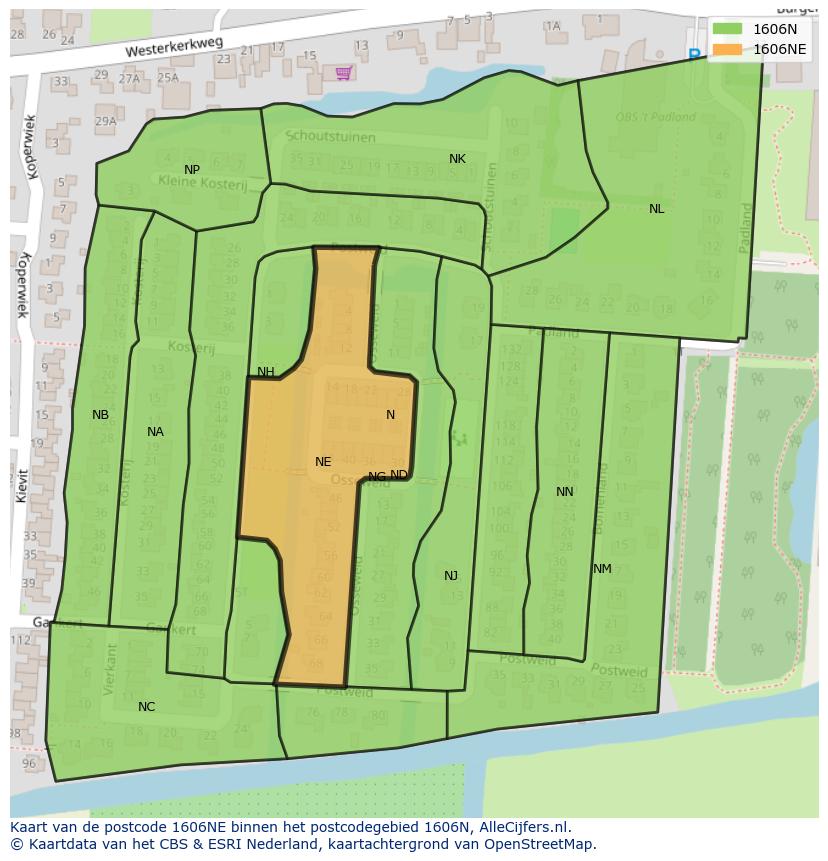 Afbeelding van het postcodegebied 1606 NE op de kaart.