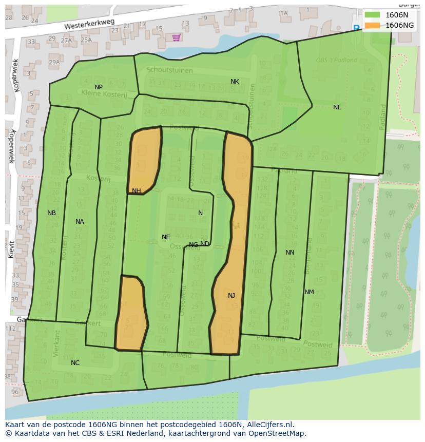 Afbeelding van het postcodegebied 1606 NG op de kaart.