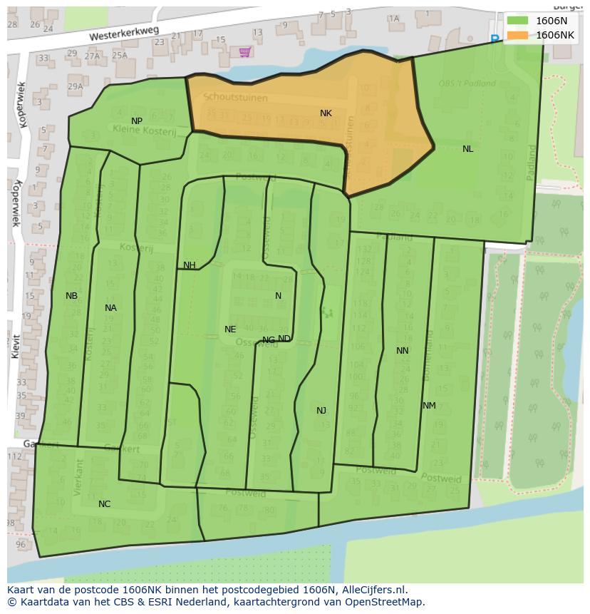 Afbeelding van het postcodegebied 1606 NK op de kaart.