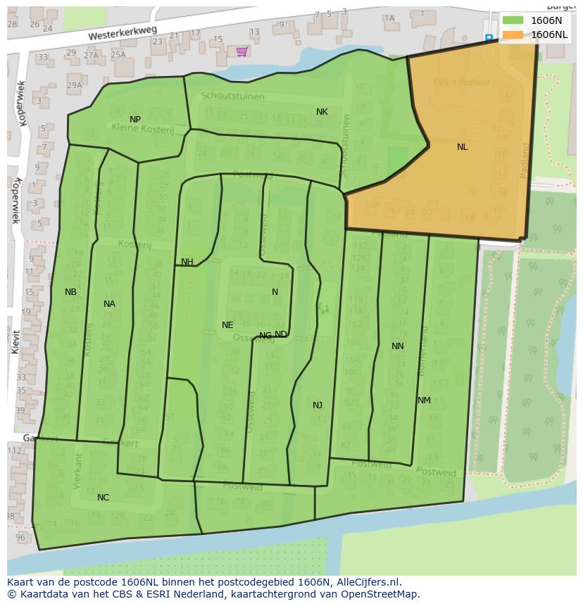 Afbeelding van het postcodegebied 1606 NL op de kaart.