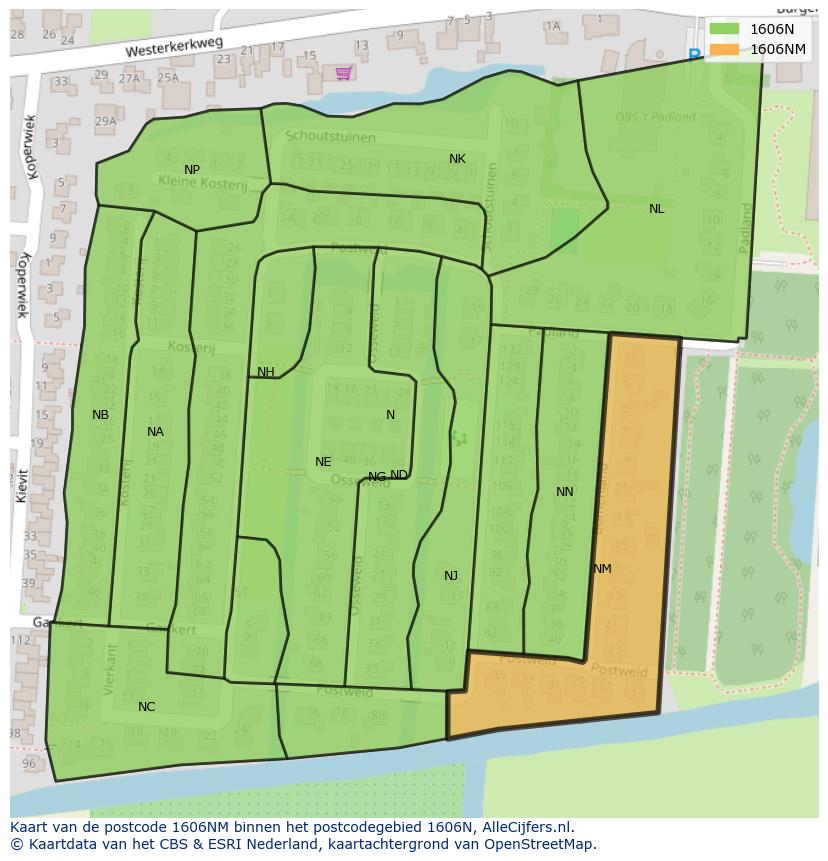 Afbeelding van het postcodegebied 1606 NM op de kaart.