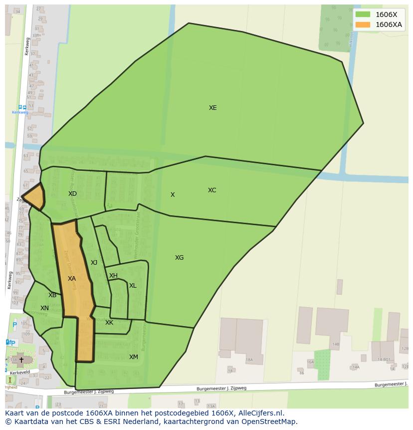 Afbeelding van het postcodegebied 1606 XA op de kaart.