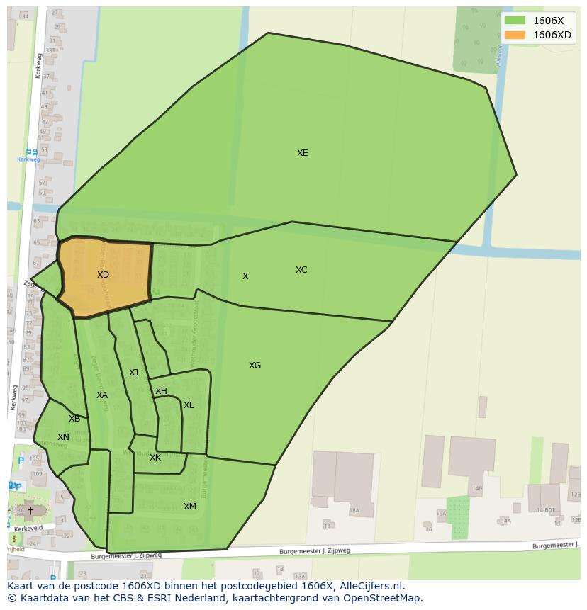 Afbeelding van het postcodegebied 1606 XD op de kaart.