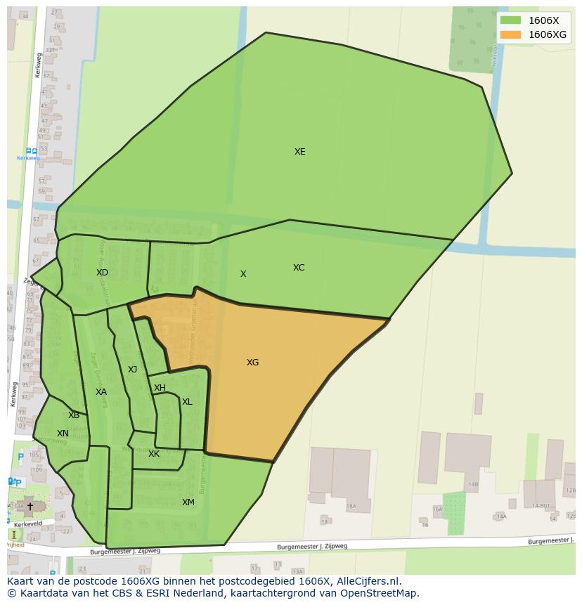 Afbeelding van het postcodegebied 1606 XG op de kaart.