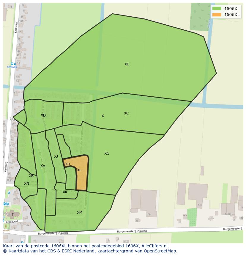 Afbeelding van het postcodegebied 1606 XL op de kaart.