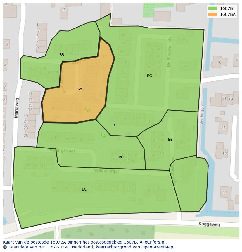 Afbeelding van het postcodegebied 1607 BA op de kaart.