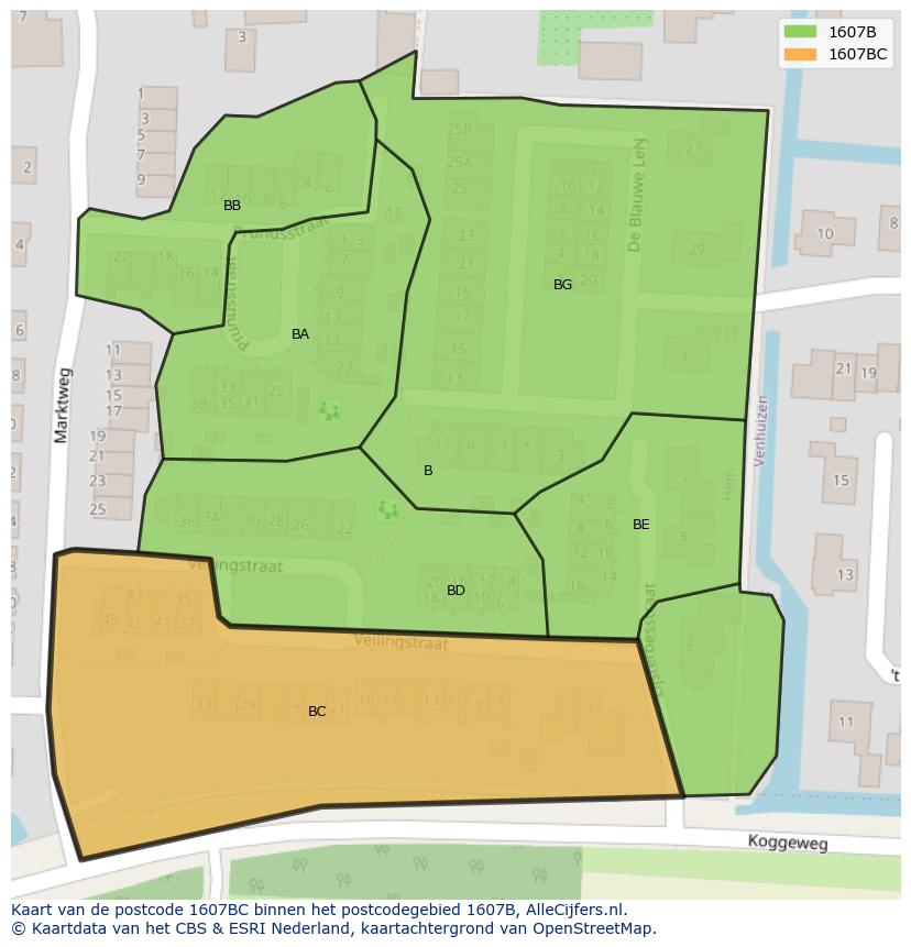 Afbeelding van het postcodegebied 1607 BC op de kaart.