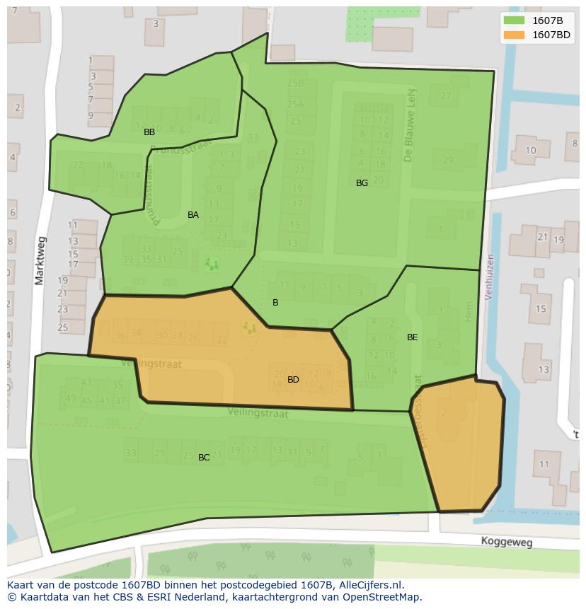 Afbeelding van het postcodegebied 1607 BD op de kaart.