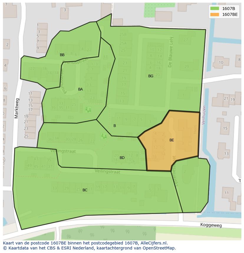 Afbeelding van het postcodegebied 1607 BE op de kaart.
