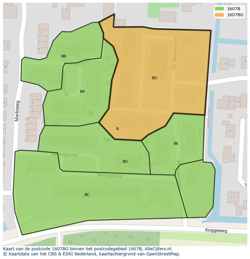 Afbeelding van het postcodegebied 1607 BG op de kaart.