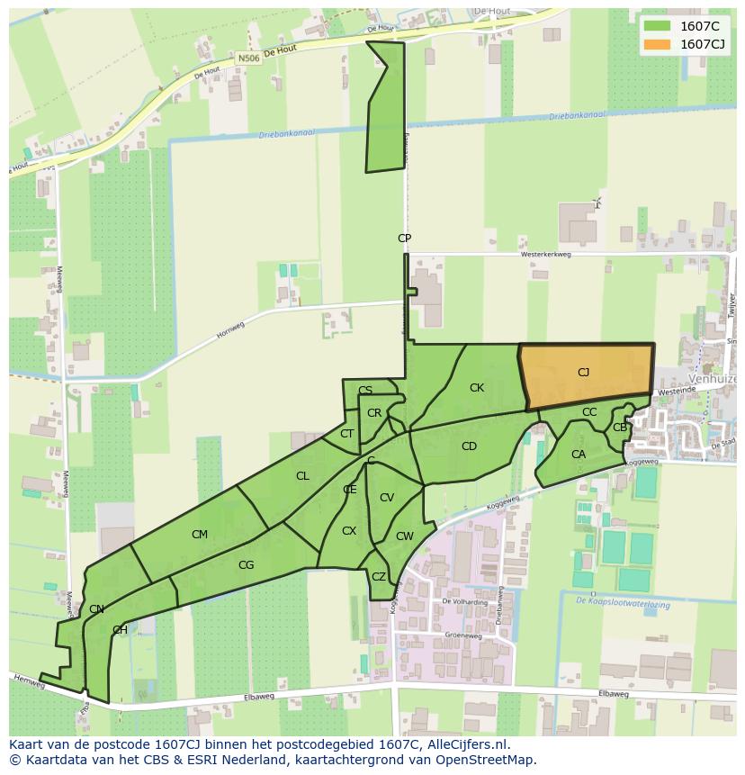 Afbeelding van het postcodegebied 1607 CJ op de kaart.