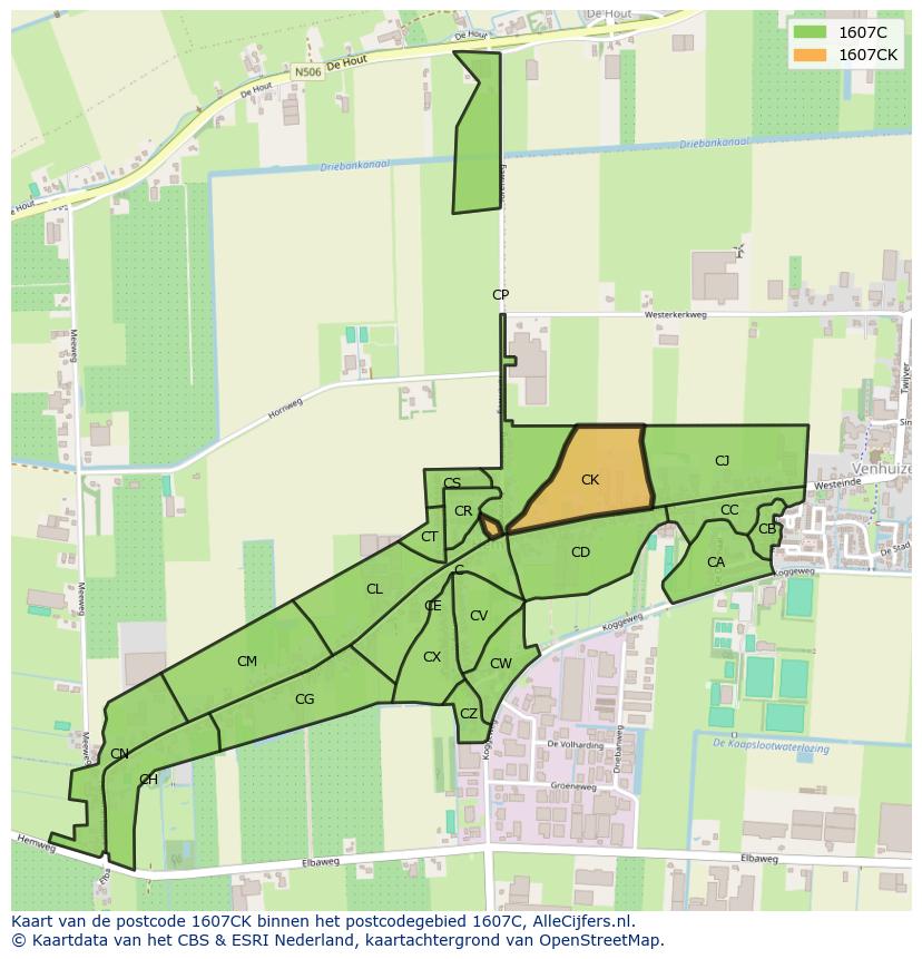 Afbeelding van het postcodegebied 1607 CK op de kaart.