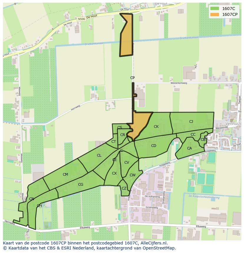 Afbeelding van het postcodegebied 1607 CP op de kaart.