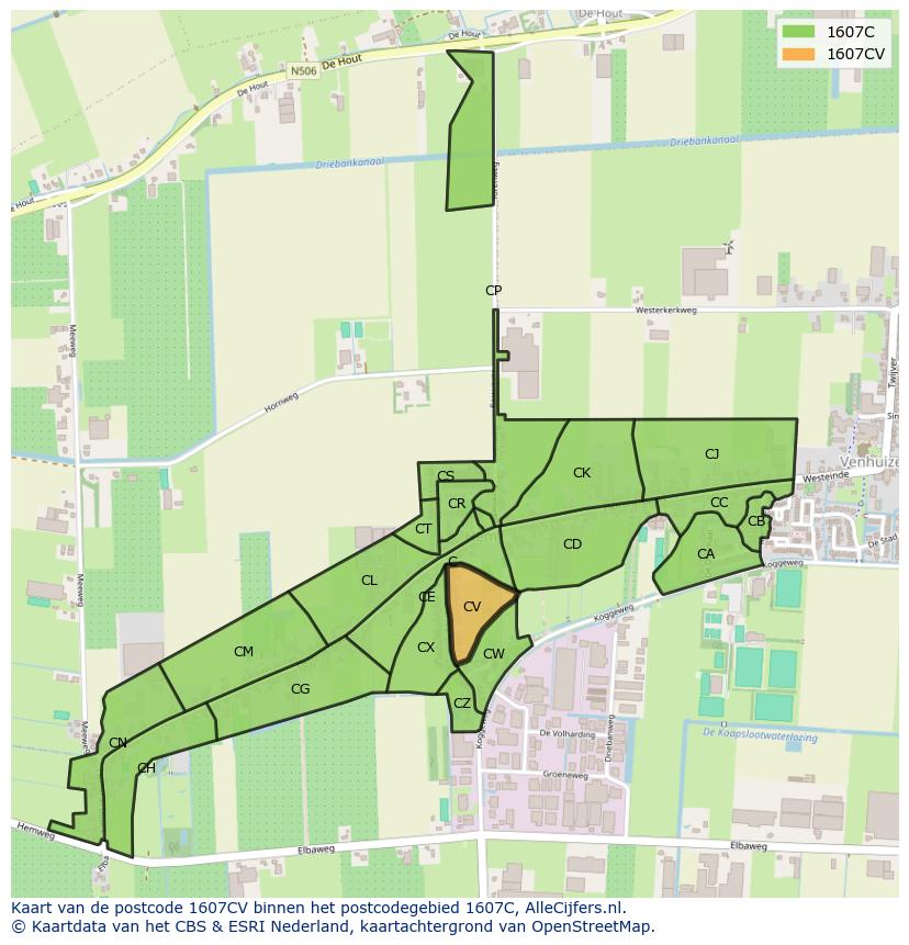 Afbeelding van het postcodegebied 1607 CV op de kaart.