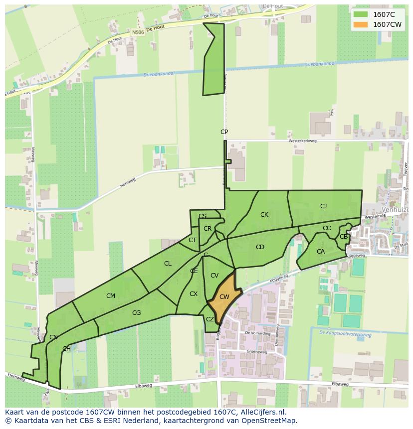 Afbeelding van het postcodegebied 1607 CW op de kaart.