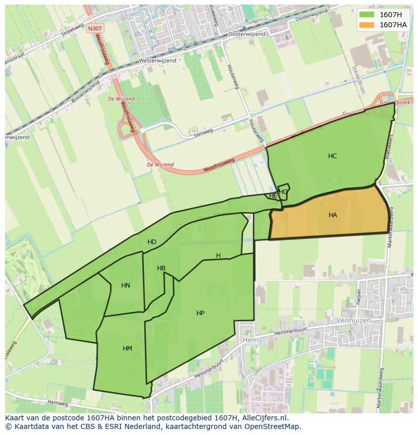 Afbeelding van het postcodegebied 1607 HA op de kaart.