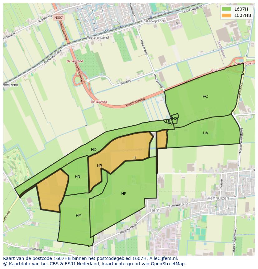 Afbeelding van het postcodegebied 1607 HB op de kaart.
