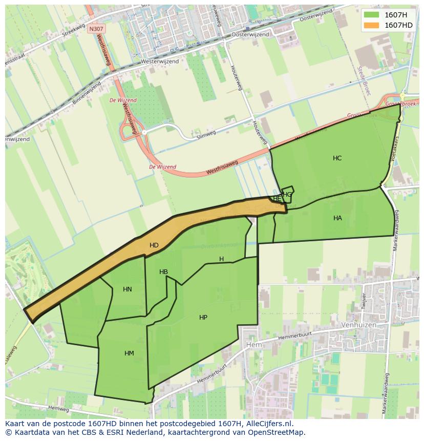 Afbeelding van het postcodegebied 1607 HD op de kaart.