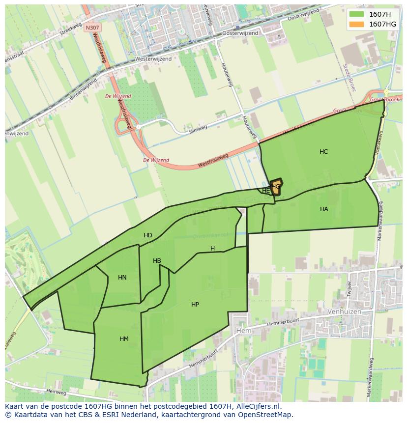 Afbeelding van het postcodegebied 1607 HG op de kaart.