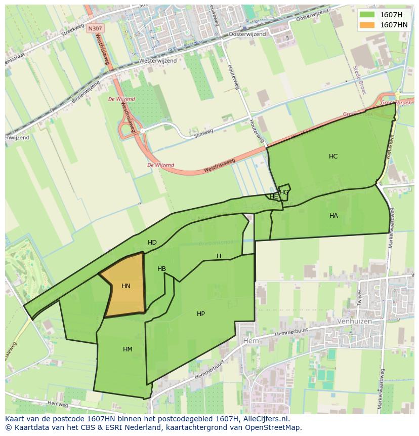 Afbeelding van het postcodegebied 1607 HN op de kaart.