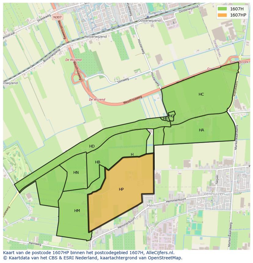 Afbeelding van het postcodegebied 1607 HP op de kaart.