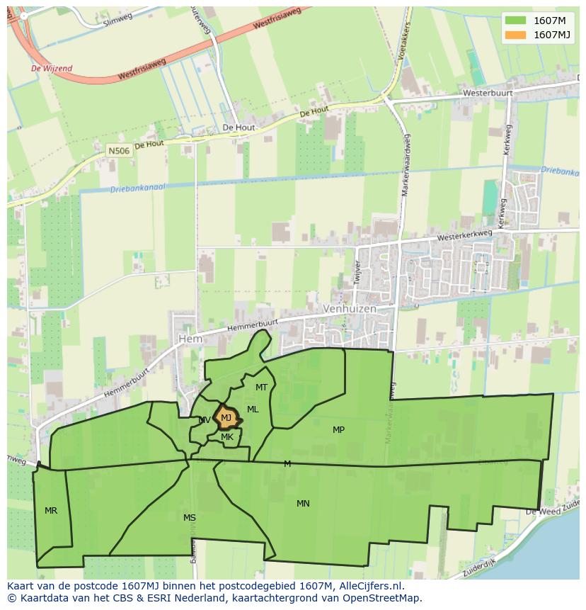 Afbeelding van het postcodegebied 1607 MJ op de kaart.