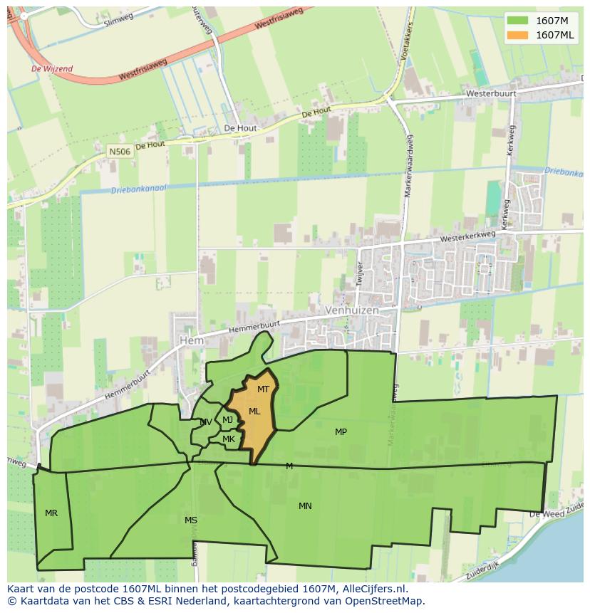 Afbeelding van het postcodegebied 1607 ML op de kaart.