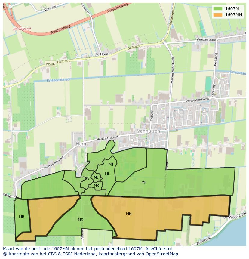 Afbeelding van het postcodegebied 1607 MN op de kaart.