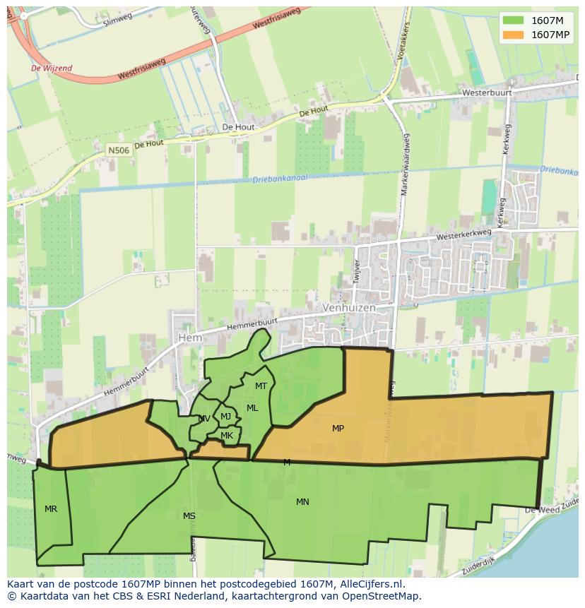 Afbeelding van het postcodegebied 1607 MP op de kaart.