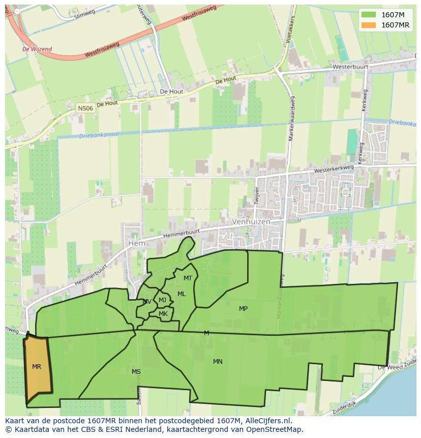 Afbeelding van het postcodegebied 1607 MR op de kaart.