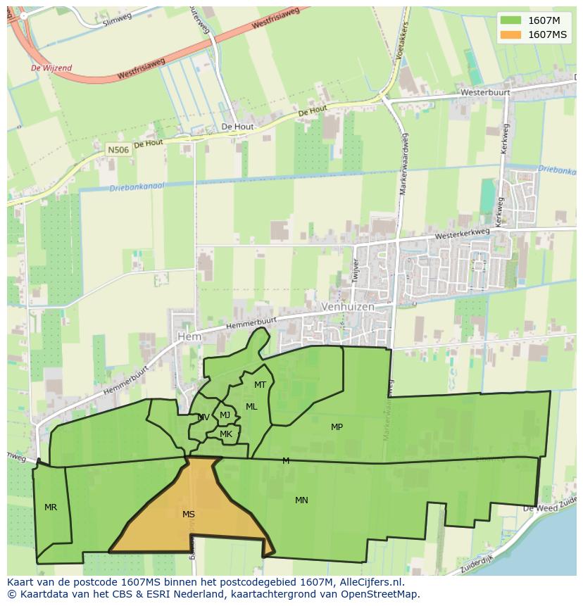 Afbeelding van het postcodegebied 1607 MS op de kaart.
