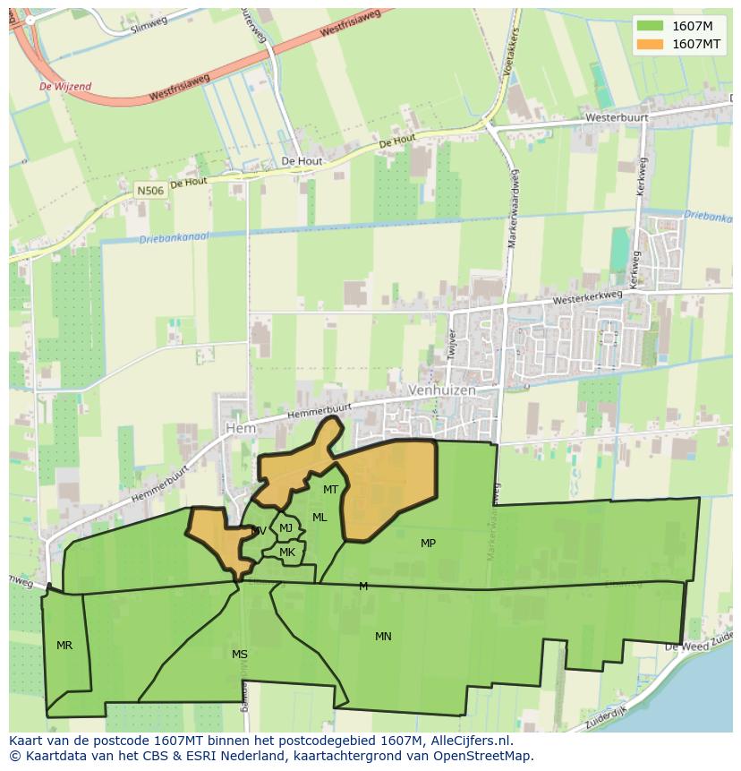 Afbeelding van het postcodegebied 1607 MT op de kaart.