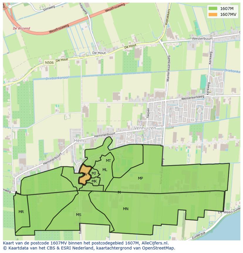 Afbeelding van het postcodegebied 1607 MV op de kaart.