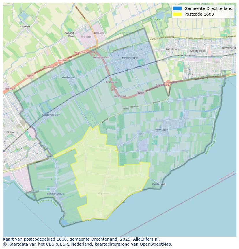 Afbeelding van het postcodegebied 1608 op de kaart.