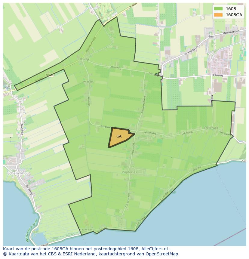 Afbeelding van het postcodegebied 1608 GA op de kaart.