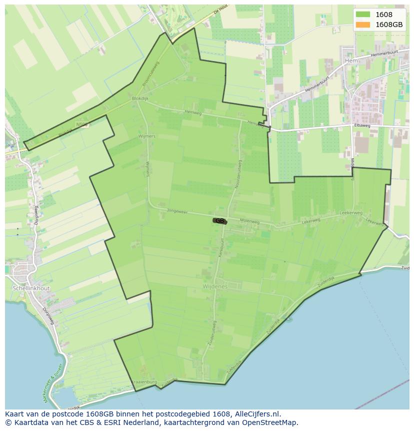 Afbeelding van het postcodegebied 1608 GB op de kaart.