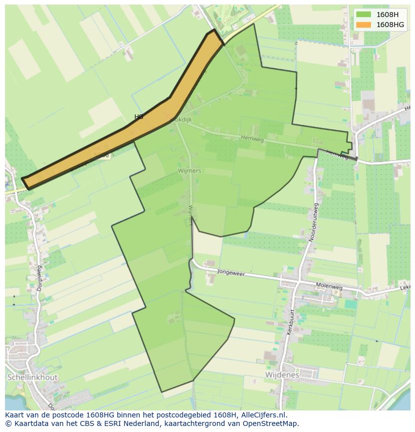 Afbeelding van het postcodegebied 1608 HG op de kaart.