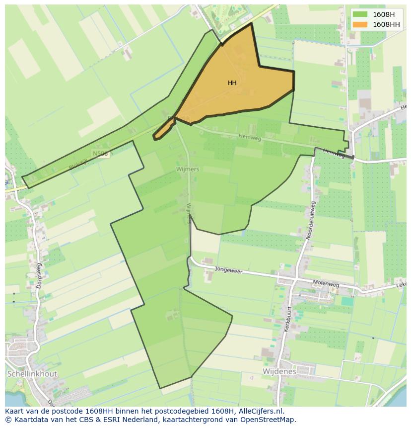 Afbeelding van het postcodegebied 1608 HH op de kaart.