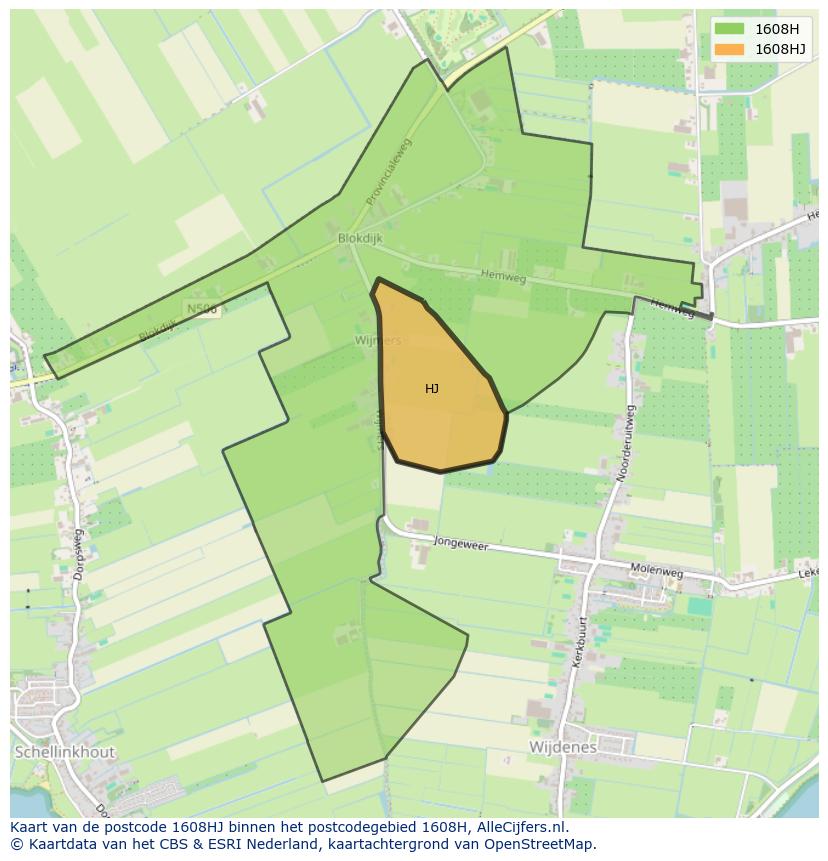 Afbeelding van het postcodegebied 1608 HJ op de kaart.