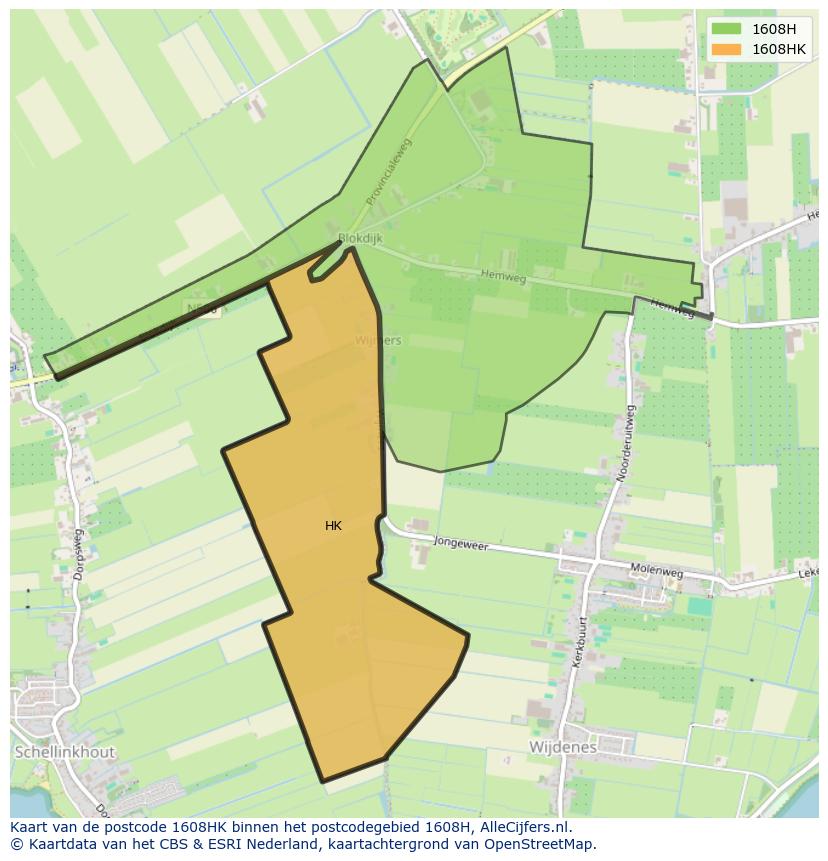 Afbeelding van het postcodegebied 1608 HK op de kaart.